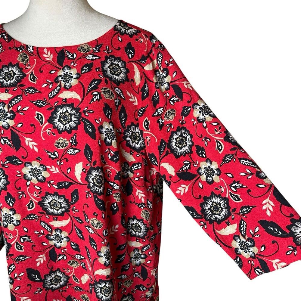 J. Jill Red Floral Stretch Tunic Blouse 3/4 Sleeve Boat Neck Relaxed Top Size XL - Picture 5 of 9